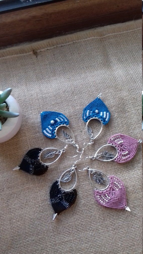 micro macramé earrings, black, turquoise blue and pink