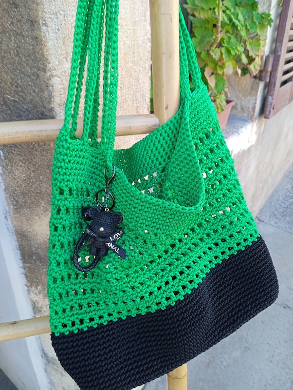 green and black crochet tote bag, beach bag