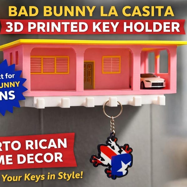 Bad Bunny La Casita Key Holder | 3D Printed Wall Key Hanger | Puerto Rico Decor | Entryway Key Rack | Boricua Home Gift | Unique Organizer