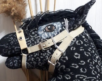 Velor Black Spotted Horse Toy with Halter & Stick