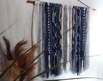 Yarn Wall Hanging Boho Yarn Tapestry Large Yarn Wall Hanging Yarn Wall Art Neutral Home Decor Boho Wall Art Home Decor blue, denim, white