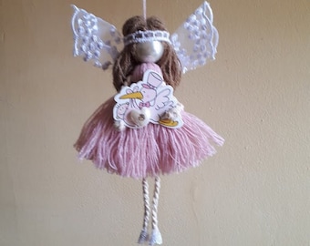 Pearl Angel, small gift, eco-friendly gift, home guardian angel, macrame doll, new home decor, Christmas tree decorations.