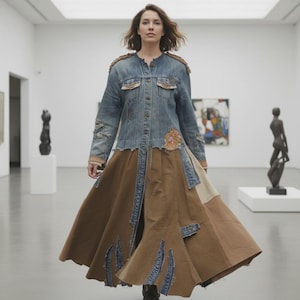 May include: A denim and brown patchwork coat with a long skirt. The top half is a faded blue denim jacket with decorative patches on the shoulders and chest. The bottom half is a brown skirt with denim accents and a flared design.