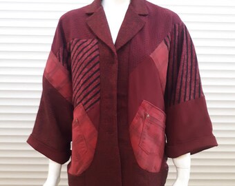 Giacca kimono patchwork bordeaux da donna per tessuto riciclato primavera/autunno taglie forti.
