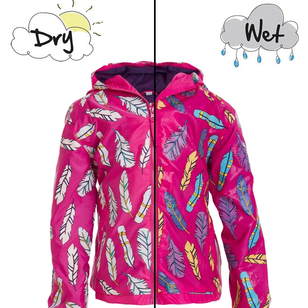 IMPERMEABLE MAGIQUE fuchsia PLUMES qui change de couleur sous la pluie ! Magic Pink Feathers Colour Changing Raincoat