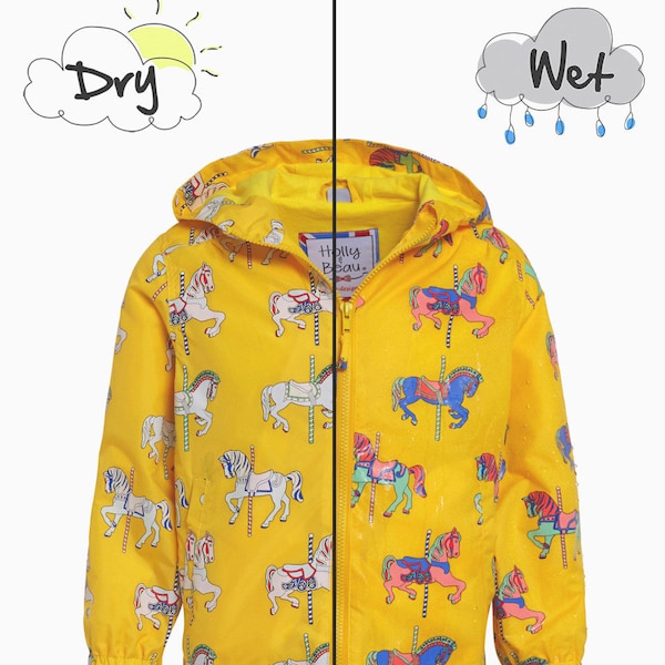 IMPERMÉABLE MAGIQUE JAUNE chevaux qui change de couleur sous la pluie !  Yellow Horses Magic Raincoat