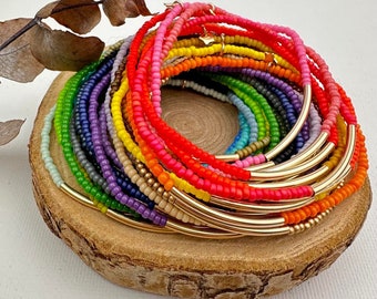 Bracelets élastiques en perles colorées, "Philippine" et tubes dorés