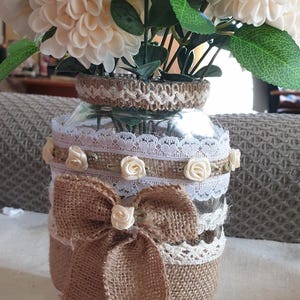 Shabby Chic Glass Vase with Jute, Lace and Satin Buds. Rustic Centerpiece, Event Vase, Handmade Wedding Decoration