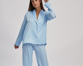 Women Blue Long Pajama, Womens Pajamas,Personalized Pajama Set, Blue Lace silk pajama set, Victorian pajama, Bridesmaid pajama, Gift for her