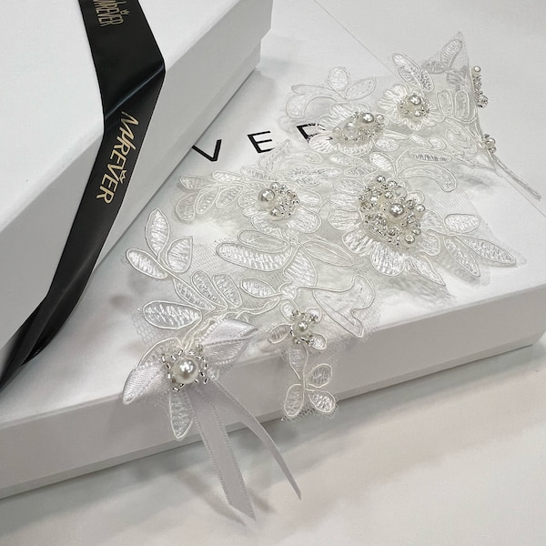 Elfenbein Spitze Luxus Strumpfband für die Braut, weißes Spitzen Strumpfband, Geschenk für die Braut, Hochzeit Strumpfband mit Perlen, elegantes Braut Strumpfband