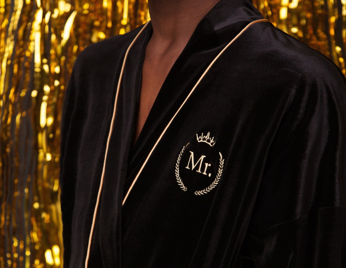 Man Black Velvet Personalized Bathrobe with Gold Piping Man Etsy