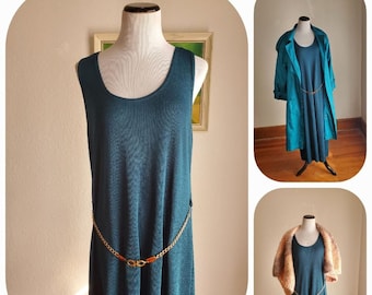 90s Slinky Teal Sleeveless Maxi Dress / large ladies blue green Dawn Joy Made in USA disco