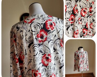 Hibiscus Blouse / ladies xl vintage pleats floral sketch 90s 18 spring work pearl button cottagecore nature women dress morning glory