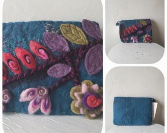 Rising Tide Felted Wool Clutch nwt made in Nepal teal blue floral