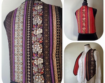 80s Reversible Vest Boho ladies small vintage red black cotton polyester print