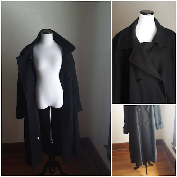 Vtg 80s Black Trench Wool Coat / 40s style overcoa