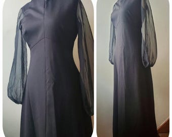 60s Black Sheer Sleeve Maxi Dress ladies vintage formal lbd floor polyester synthetic medium