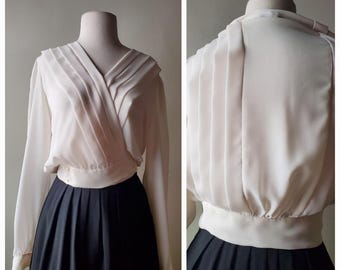 90s White Secretary Blouse folds nipped waist small silky long sleeve dress work church