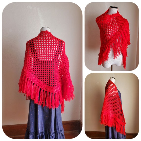 Red Handknit 70s Shawl Cottagecore / laura ashley… - image 1