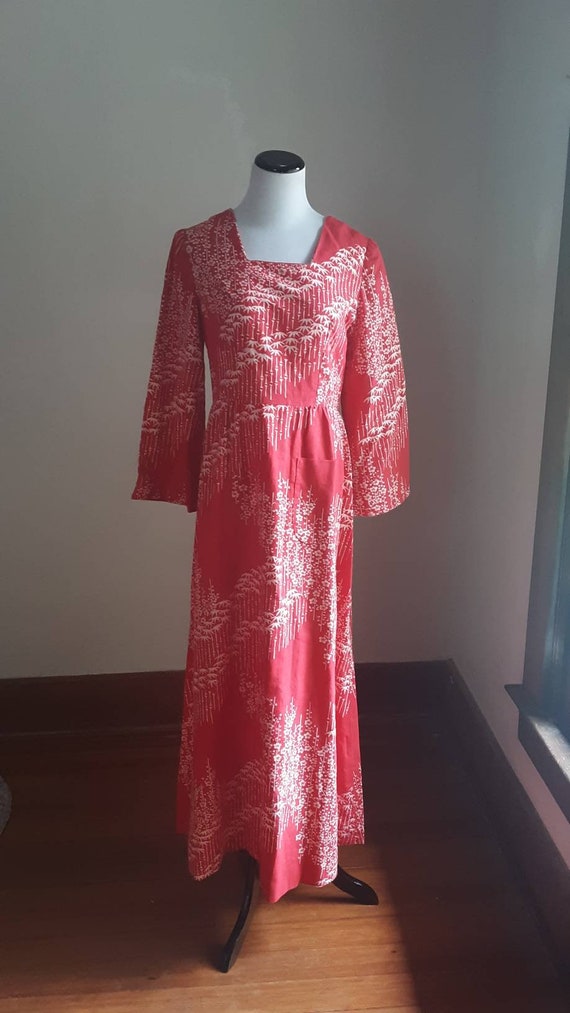 1970s Asian Boho Dress / Red flower child hippie … - image 4