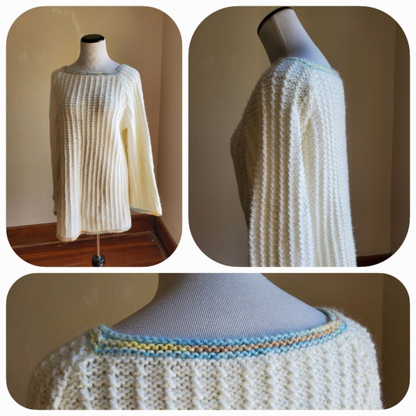 Handknit White Spring Sweater / womens large vintage cottagecore soft long tunic