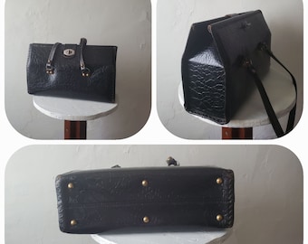 Vintage Dr's bag purse / black leather faux crocodile/ large handbag classic ladies dark academia