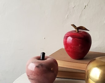 Mid-century Marble Brass Apple Paperweights pink red oversized teacher vintage
