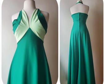 70s Green Halter Maxi Dress color block kelly charlie's angels small ladies frock