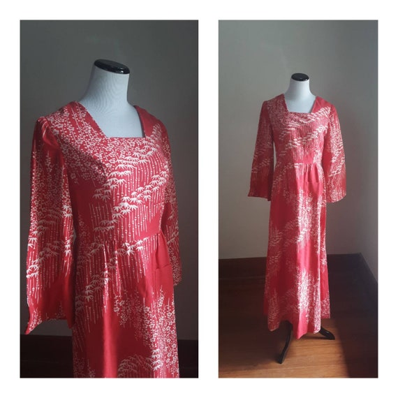 1970s Asian Boho Dress / Red flower child hippie … - image 1