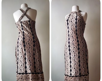 Y2k Halter Lace Cocktail Dress Black Gold Vintage small below knee stretch spandex Canada holiday sleeveless 6 ladies womens
