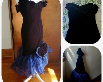 Vintage 80s dress Loralie strapless Black Velvet Prom party XXS 32 chest wiggle mermaid tulle poof asymmetrical hem blue valentine date