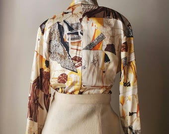 90s Statement Blouse Fashion Print Silky long sleeve patterned sketch ladies abstract winter white cream