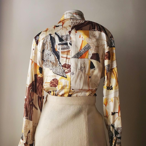90s Statement Blouse Fashion Print Silky long sleeve patterned sketch ladies abstract winter white cream