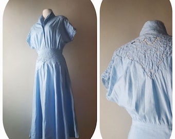 Vtg Blue Ramie Cotton Summer Dress small Dohlman sleeve shoulder pads ladies y2k