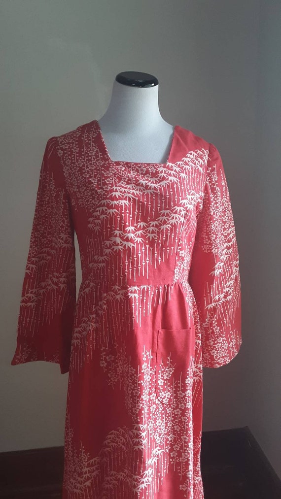 1970s Asian Boho Dress / Red flower child hippie … - image 3