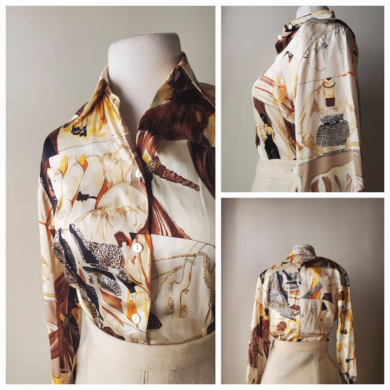 Puede incluir: Camisa de manga larga con un estampado &uacute;nico. El dise&ntilde;o presenta un collage de figuras y patrones abstractos en tonos beige, marr&oacute;n y amarillo. La camisa, abotonada, se exhibe sobre un maniqu&iacute;.