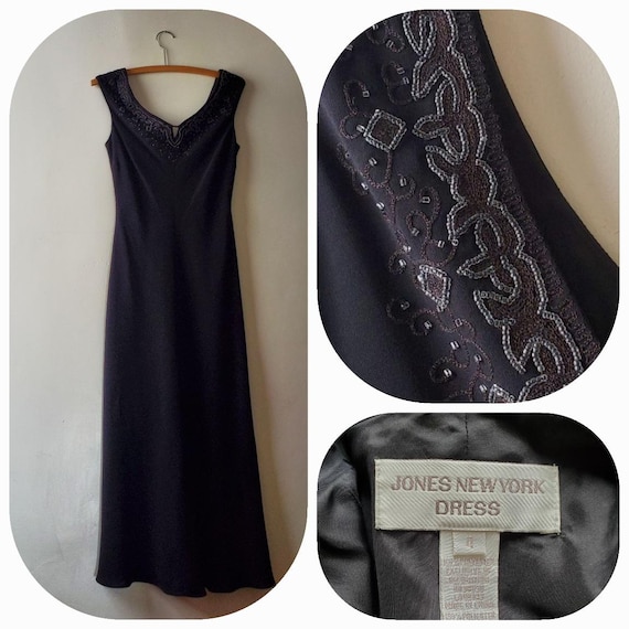 red black tie event dress Vintage Black Dress Jones New York Lace Yoke Sleeves Hem Long Sheer Sleeves  Ab