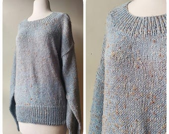 Handknit blue ladies pullover sweater jumper muted water sand minimal