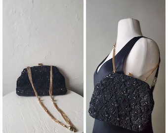 Bolsa de festa preta com miçangas, estilo anos 80, para coquetel, com corrente dourada, estilo vintage.