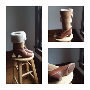 1980s Bass Boots shearling / Boho 6 1/2 womens like new / suede Caramel medium heel 2 1/4 Wood  leather 80s  brown vintage
