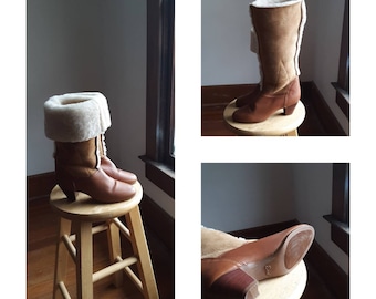 Botas bajas de los años 80 de piel de oveja / Boho 6 1/2 para mujer como nuevas / gamuza caramelo tacón medio 2 1/4 cuero madera 80s marrón vintage
