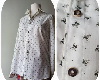 Camisa vintage de bellota Hammerer Resi de los años 80, mezcla de algodón, estilo cottage forestcore, bellotas, ciervos, botones para mujer