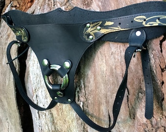 Chromexcel Leather Strap-On Harness: Dirty Darlings, Gold Butterfly Detail