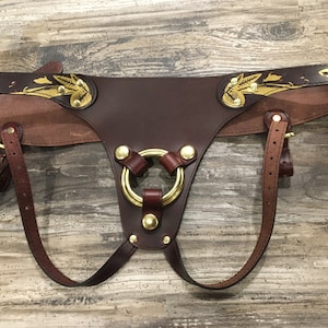Chromexcel Leather Strap-On Harness: Gold Butterfly Detail, Adjustable Fit