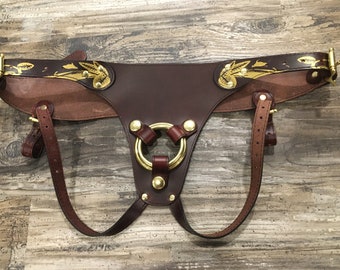 The Dirty Darling: Chromexcel Leather Strap-On Harness w Gold Butterfly Detail, Adjustable Fit