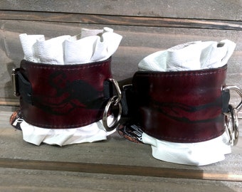 Oxblood Leather Wrist Restraints – Aerialist Print, Adjustable Bondage Cuffs