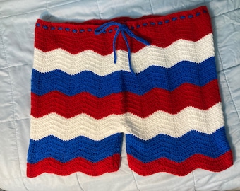 Men’s Crochet Shorts Fire Cracker Patriotic Red White and Blue Ripple