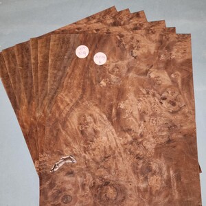 Puede incluir: Una pila de seis chapas de madera marrón con un patrón de raíz. Las chapas están etiquetadas con los números "67" y "36x39".