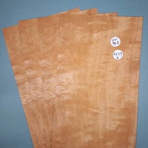 Könnte beinhalten: Vier Blätter hellbraunes Holzfurnier mit natürlicher Holzmaserung. Die Blätter sind übereinander gestapelt. Ein weißer Aufkleber auf dem oberen Blatt lautet "GT 748 16x29 No."