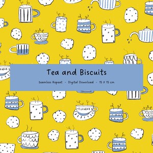 May include: A digital seamless repeat pattern featuring hand-drawn illustrations of tea cups, teapots, and biscuits on a yellow background. The design includes the text "Tea and Biscuits" and measures 5.9 x 5.9 inches.